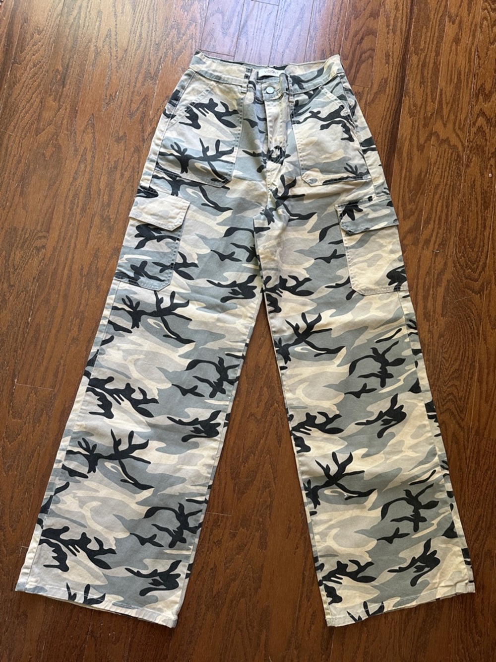 Vibrant Grey Camo Cargo Pants - Wide Leg